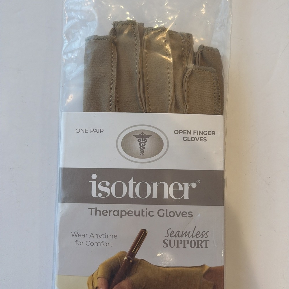 Isotoner Therapeutic Gloves Open Finger Camel Size Large Compression Pain Relief - Picture 2 of 7